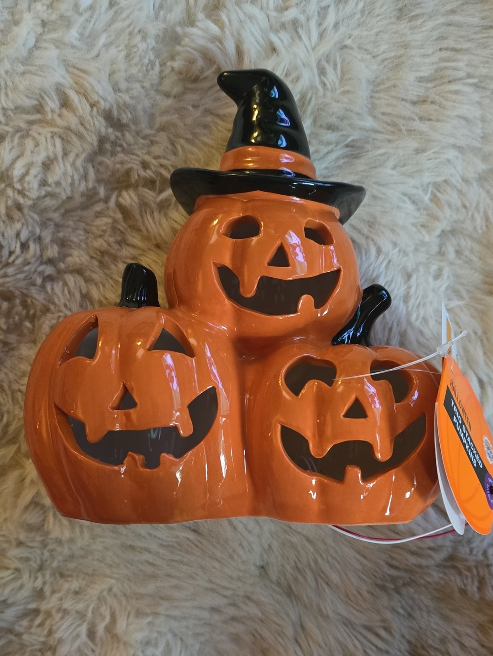 Ceramic Halloween Light Up Triple Pumpkin Jack-O'-Lantern Decoration